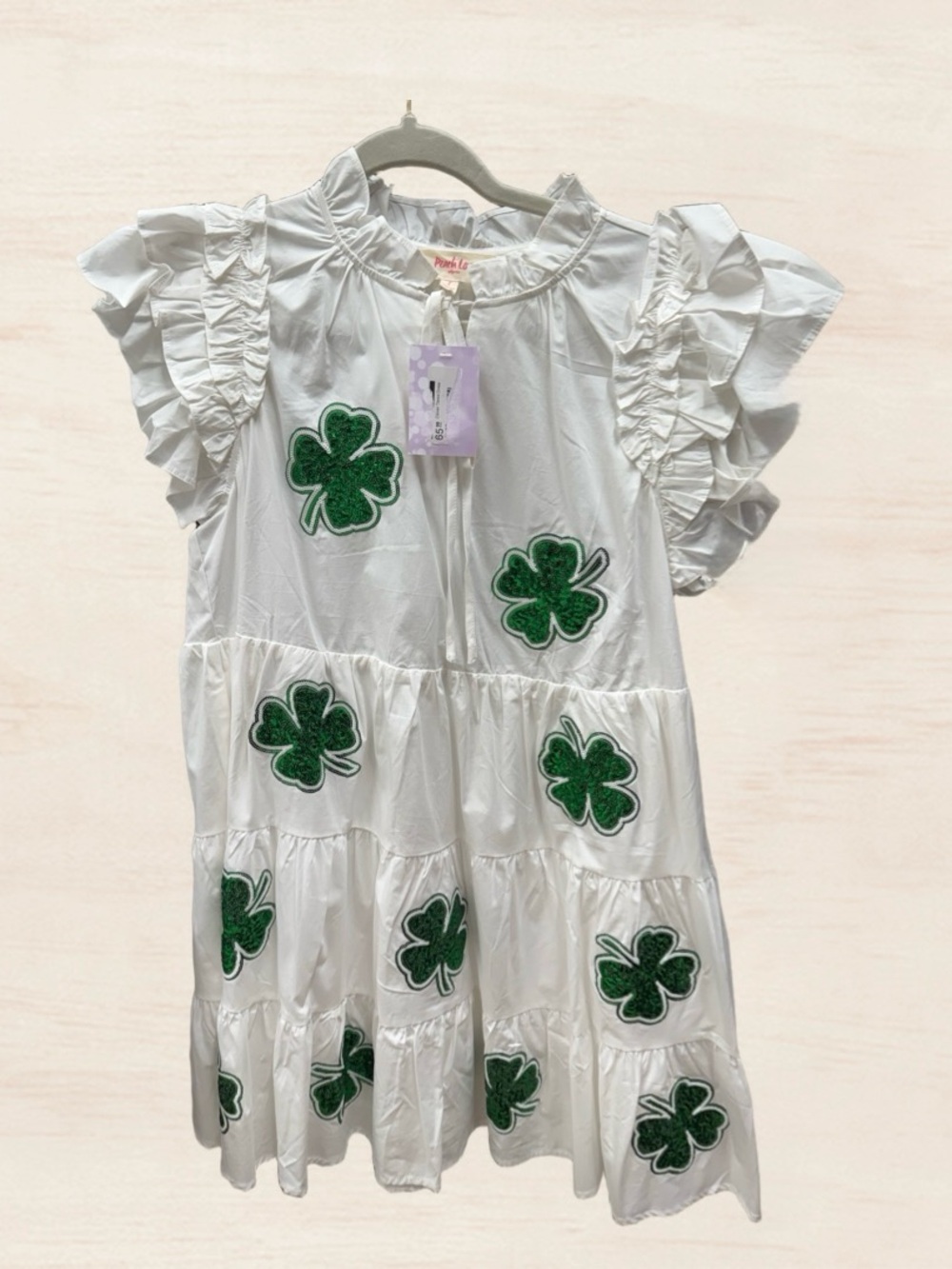 Peach Love California White Tiered Dress with Green Clover Appliques